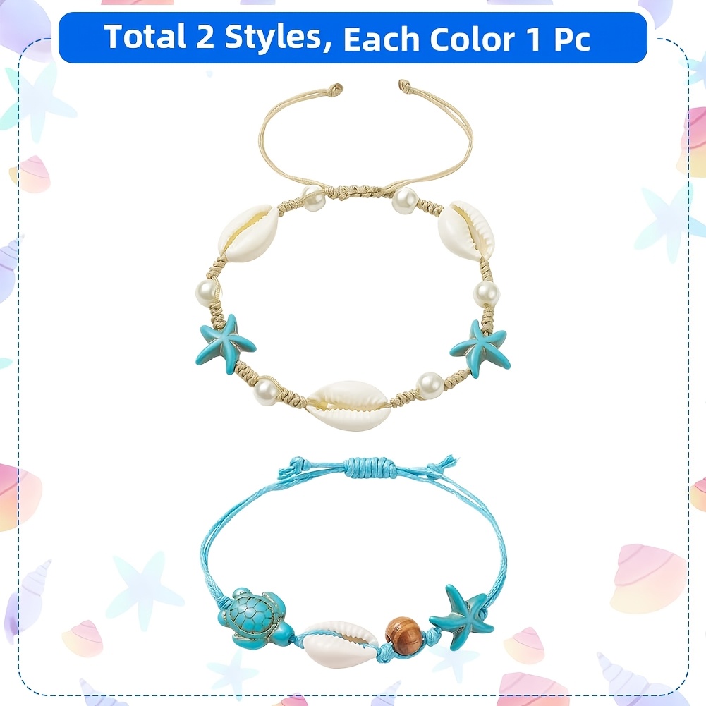 Two Shell-Woven Anklets with Starfish and Turtle Decorations
